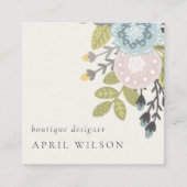 Pastel Boho Blush Blue Green Leafy Floral QR Code Vierkante Visitekaartje (Voorkant)