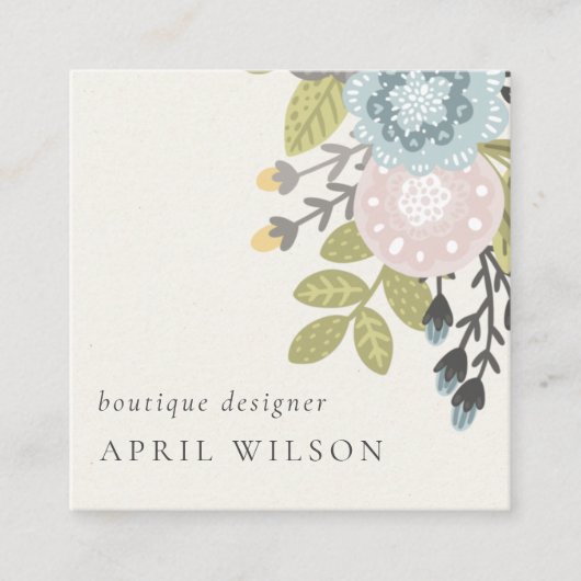 Pastel Boho Blush Blue Green Leafy Floral QR Code Vierkante Visitekaartje (Voorkant)