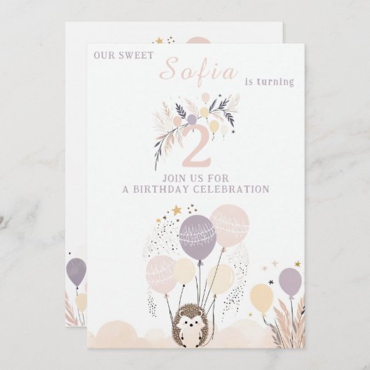 Pastel Boho Egel en Ballonnen Verjaardag Kaart (Voorkant / Achterkant)