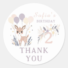Pastel Boho Fawn & Balloons Verjaardag Bedankt Ronde Sticker