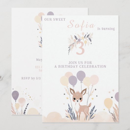 Pastel Boho Fawn en ballonnen Verjaardag Kaart (Voorkant / Achterkant)