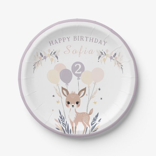 Pastel Boho Fawn en ballonnen Verjaardag Papieren Bordje (Voorkant)