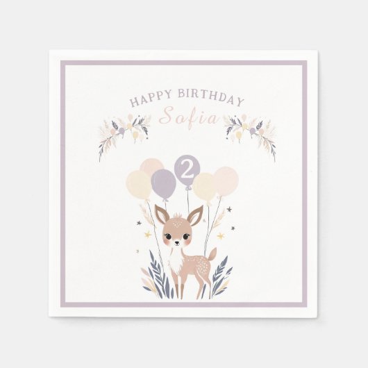 Pastel Boho Fawn en ballonnen Verjaardag Servet (Voorkant)