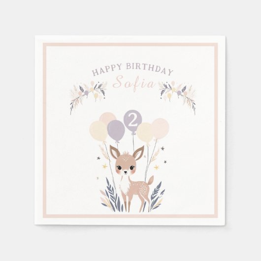 Pastel Boho Fawn en ballonnen Verjaardag Servet (Voorkant)