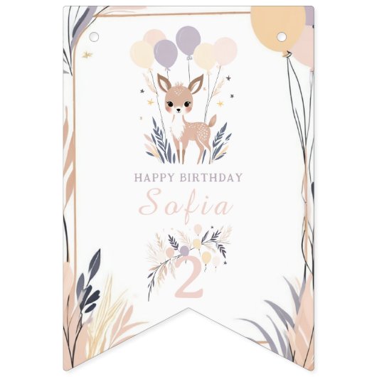 Pastel Boho Fawn en ballonnen Verjaardag Vlaggetjes (Eerste vlag)