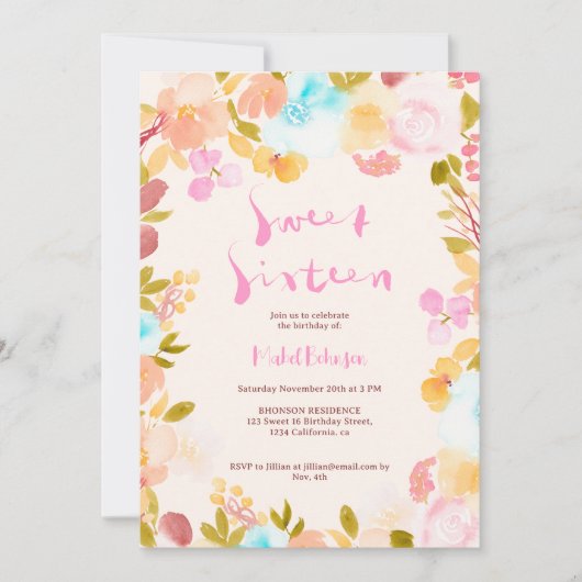 Pastel boho floral waterverf script Sweet 16 Kaart (Voorkant)
