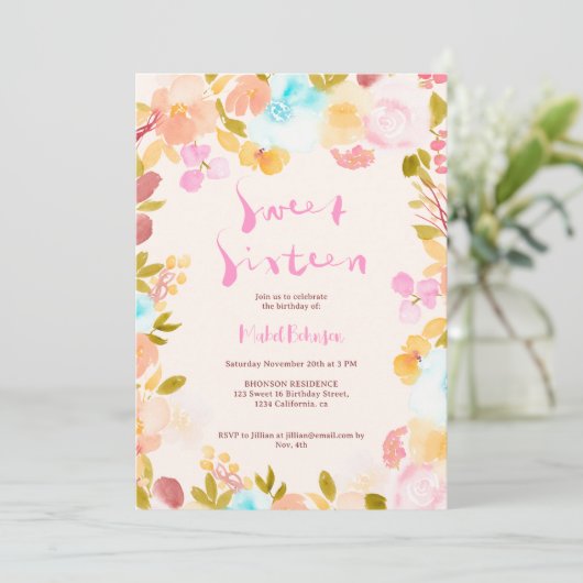 Pastel boho floral waterverf script Sweet 16 Kaart (Staand voorkant)