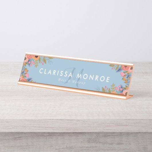 Pastel Boho Flowers Monogram Bureau Naambordje (Voorkant)