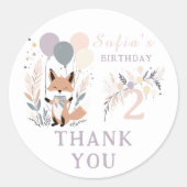 Pastel Boho Fox & Balloons Verjaardag Bedankt Ronde Sticker (Voorkant)