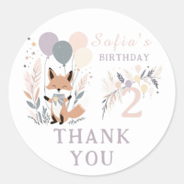 Pastel Boho Fox & Balloons Verjaardag Bedankt Ronde Sticker