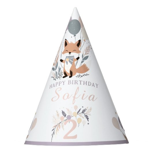Pastel Boho Fox en Ballonnen Verjaardag Feesthoedjes (Voorkant)