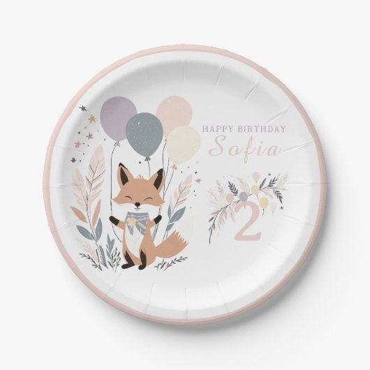 Pastel Boho Fox en Ballonnen Verjaardag Papieren Bordje (Voorkant)