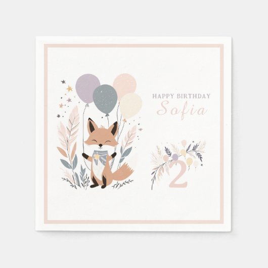 Pastel Boho Fox en Ballonnen Verjaardag Servet (Voorkant)