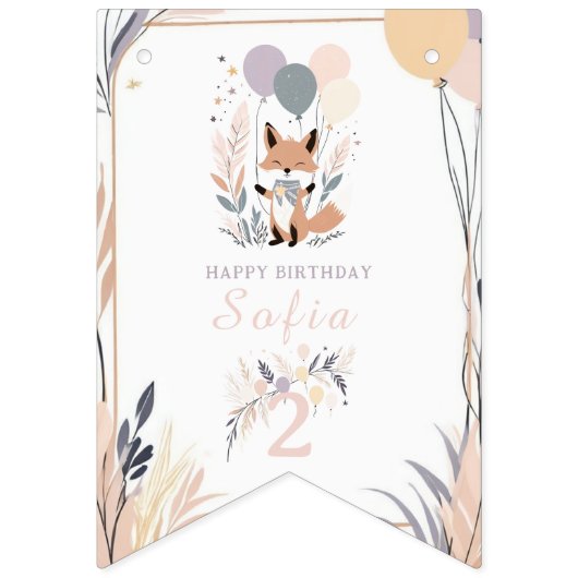 Pastel Boho Fox en Ballonnen Verjaardag Vlaggetjes (Eerste vlag)