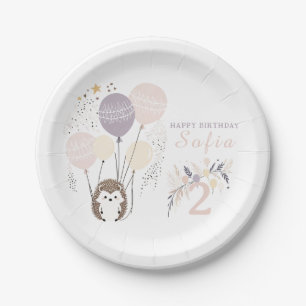Pastel Boho Hedgehog en Ballonnen Verjaardag Papieren Bordje