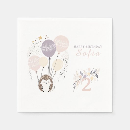 Pastel Boho Hedgehog en Ballonnen Verjaardag Servet (Voorkant)