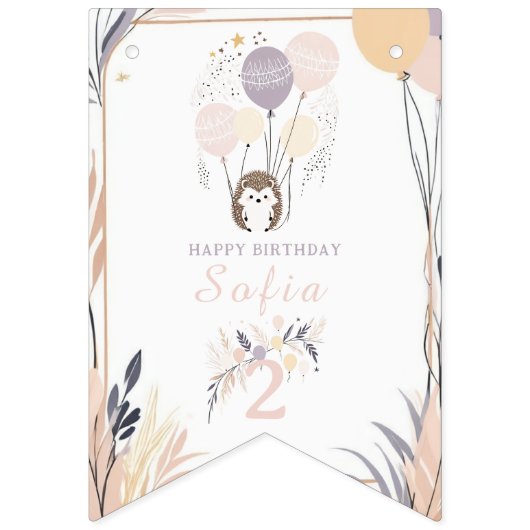 Pastel Boho Hedgehog en Ballonnen Verjaardag Vlaggetjes (Zestiende vlag)