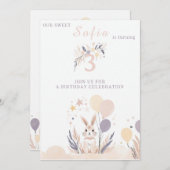 Pastel Boho Konijn en Ballonnen Verjaardag Kaart (Voorkant / Achterkant)