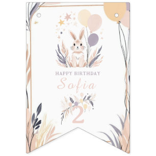 Pastel Boho Konijn en Ballonnen Verjaardag Vlaggetjes