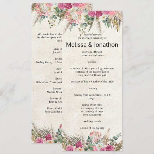 Pastel Boho Neutraal Bloemen Huwelijksprogramma Programmakaart (Voorkant / Achterkant)