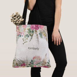Pastel Boho Neutraal Bloemmotief Initiaal Monogram Tote Bag