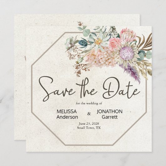 Pastel Boho Neutral Floral Elegant Save the Date (Voorkant / Achterkant)