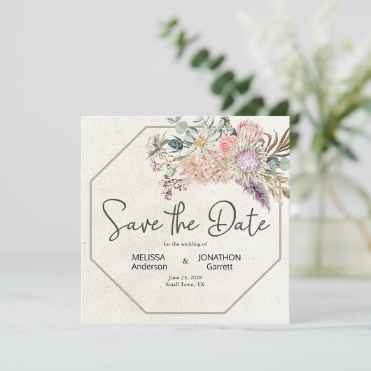 Pastel Boho Neutral Floral Elegant Save the Date (Staand voorkant)