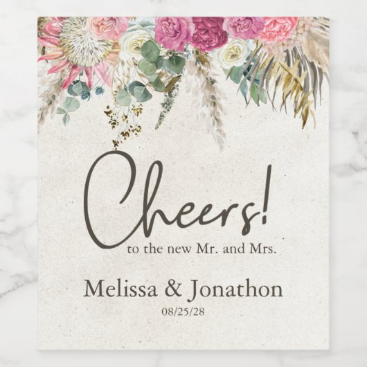 Pastel Boho Neutral Floral Weddenschap Wijn Etiket (Enkel label)