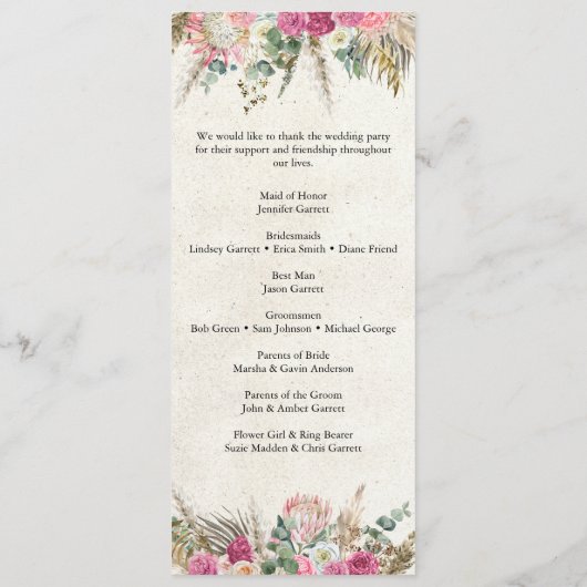 Pastel Boho Neutral Floral Wedding Programme Programmakaart (Achterkant)