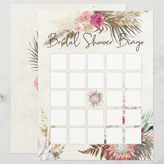 Pastel Boho Neutrale Bloem Bruiloft Bingo (Voorkant / Achterkant)