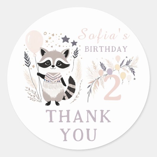 Pastel Boho Raccoon & Ballonnen Verjaardag Bedankt Ronde Sticker (Voorkant)