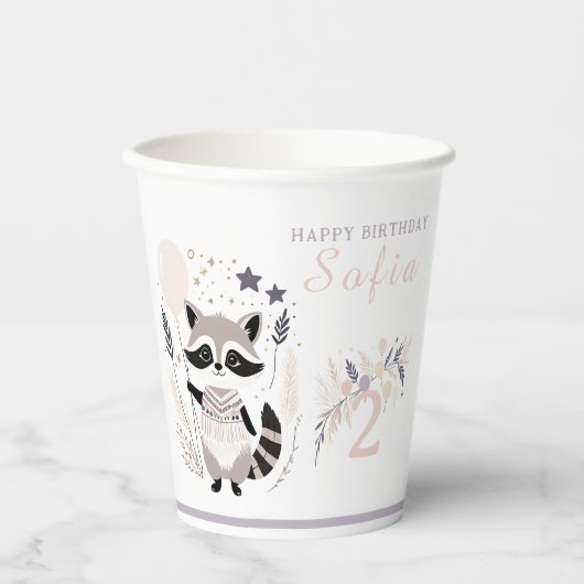 Pastel Boho Raccoon en ballonnen Verjaardag Papieren Bekers (Voorkant)