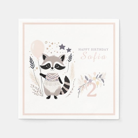 Pastel Boho Raccoon en ballonnen Verjaardag Servet (Voorkant)