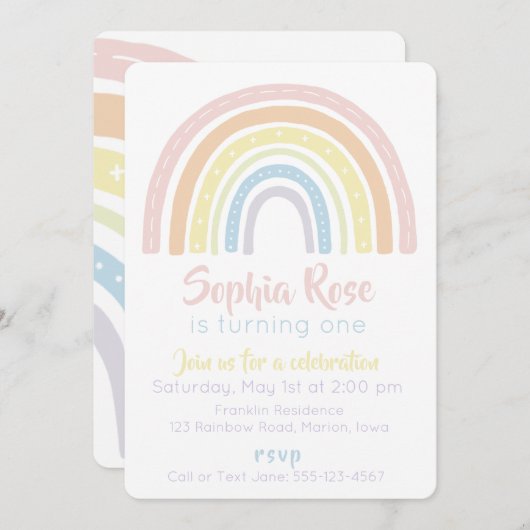 Pastel Boho Rainbow Birthday Uitnodiging (Voorkant / Achterkant)