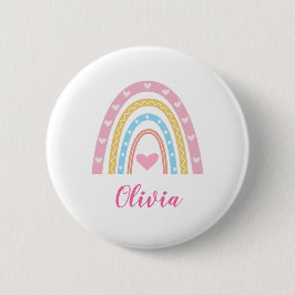 Pastel boho regenboog en harten aangepaste naam ronde button 5,7 cm