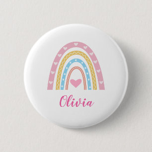 Pastel boho regenboog en harten aangepaste naam  ronde button 5,7 cm