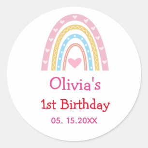 Pastel Boho Regenboog met harten verjaardagsfeestj Ronde Sticker