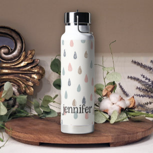 Pastel Boho Regendruppels Roze Blauw Goud Naam Toe Waterfles