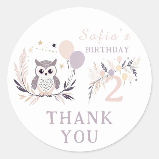 Pastel Boho Uil & Ballonnen Verjaardag Bedankt Ronde Sticker (Voorkant)