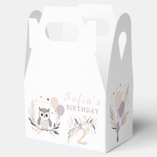Pastel Boho Uil en Ballonnen Verjaardag Bedankdoosjes (Geopend)
