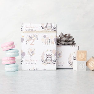 Pastel Boho Uil en Ballonnen Verjaardag Cadeaupapier