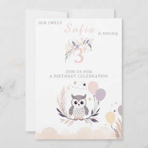 Pastel Boho Uil en Ballonnen Verjaardag Kaart