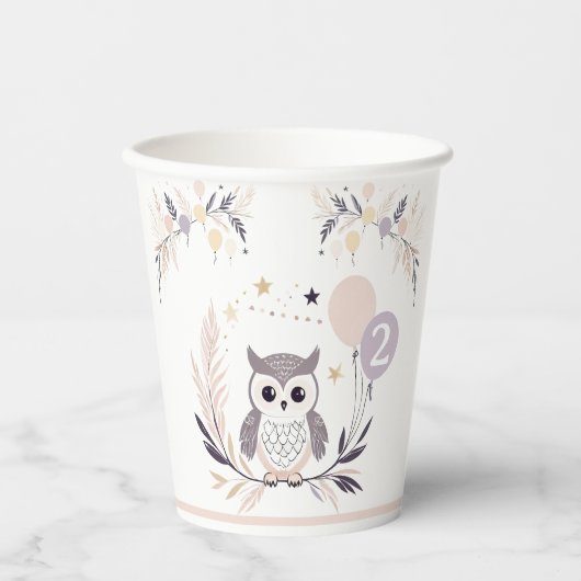 Pastel Boho Uil en Ballonnen Verjaardag Papieren Bekers (Voorkant)