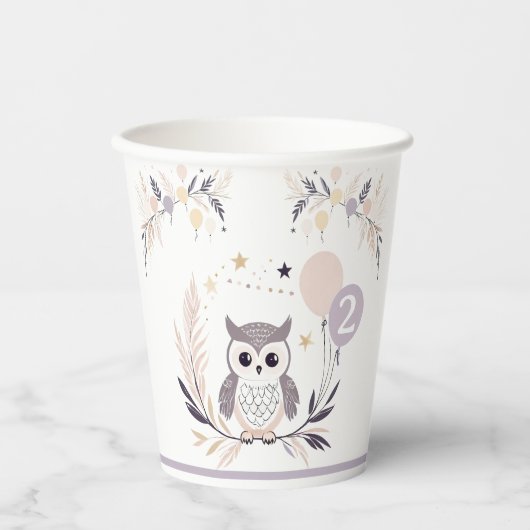 Pastel Boho Uil en Ballonnen Verjaardag Papieren Bekers (Voorkant)