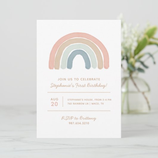 Pastel Boho Waterverf Rainbow Girl Birthday Party Kaart (Staand voorkant)