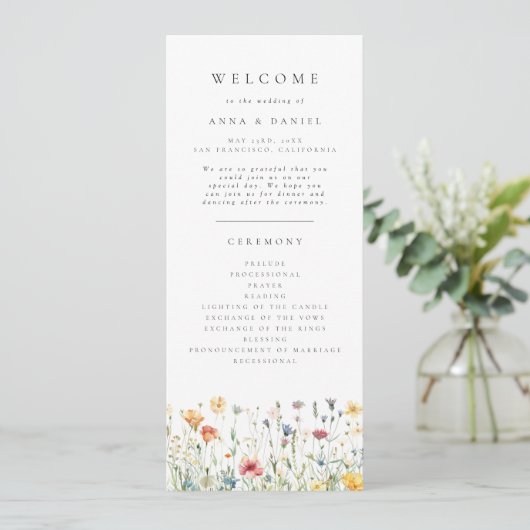 Pastel Boho Wildebloemen Huwelijksprogramma Programmakaart (Staand voorkant)