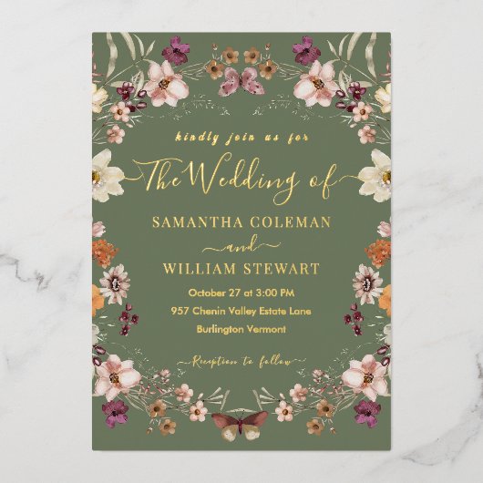 Pastel Boho Wildflower Rustic Sage Green Wedding Folie Uitnodiging (Voorkant)