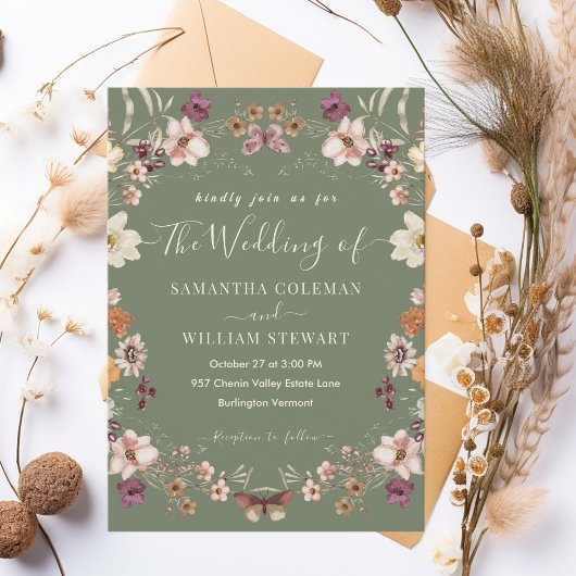 Pastel Boho Wildflower Rustic Sage Green Wedding Kaart