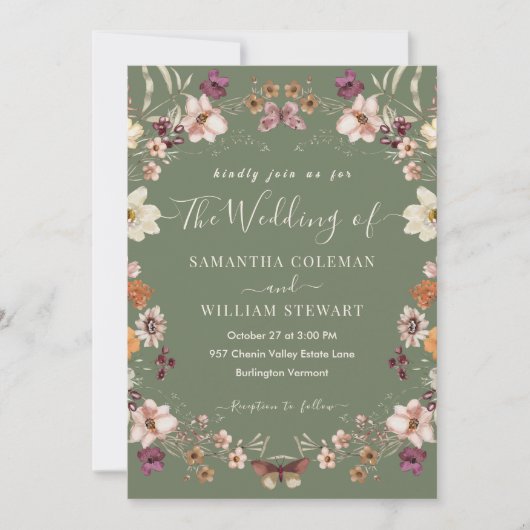Pastel Boho Wildflower Rustic Sage Green Wedding Kaart (Voorkant)