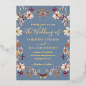 Pastel Boho Wildflower Rustieke Periwinkle bruilof Folie Uitnodiging (Voorkant)